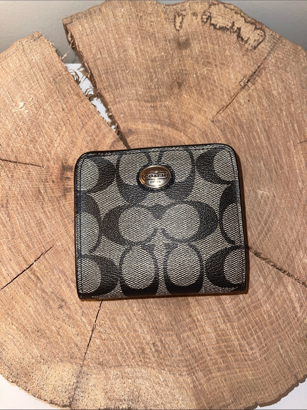 Coach Black and Gray Signature Compact Wallet